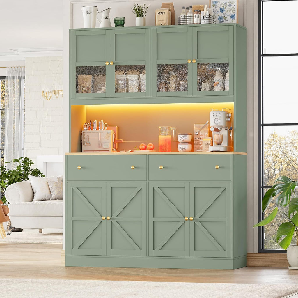 FINETONES 71" Pantry Cabinet with LED Light and Charging Station, Farmhouse Kitchen Pantry Cabinet with Microwave Stand, 47.2" Wide Kitchen Hutch Food Pantry with Open Countertop, Green