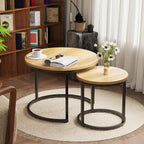 Smuxee Nesting Coffee Table Set of 2, 23.6" Round Coffee Table Brown Wood with Adjustable Non-Slip Feet, Industrial End Table Side Tables for Living Room Bedroom Balcony Yard