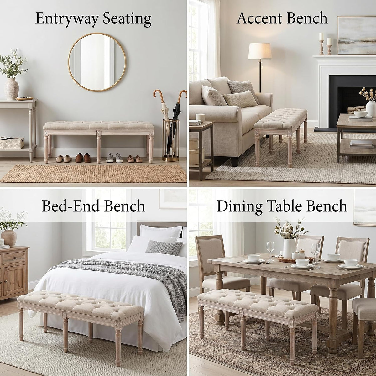 chairus Fabric Upholstered Dining Bench - Classic Entryway Ottoman Bench Bedroom Bench with Rustic Wood Legs - Beige