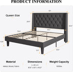 SHA CERLIN Queen Upholstered Bed Frame, Button Tufted Design, Dark Grey