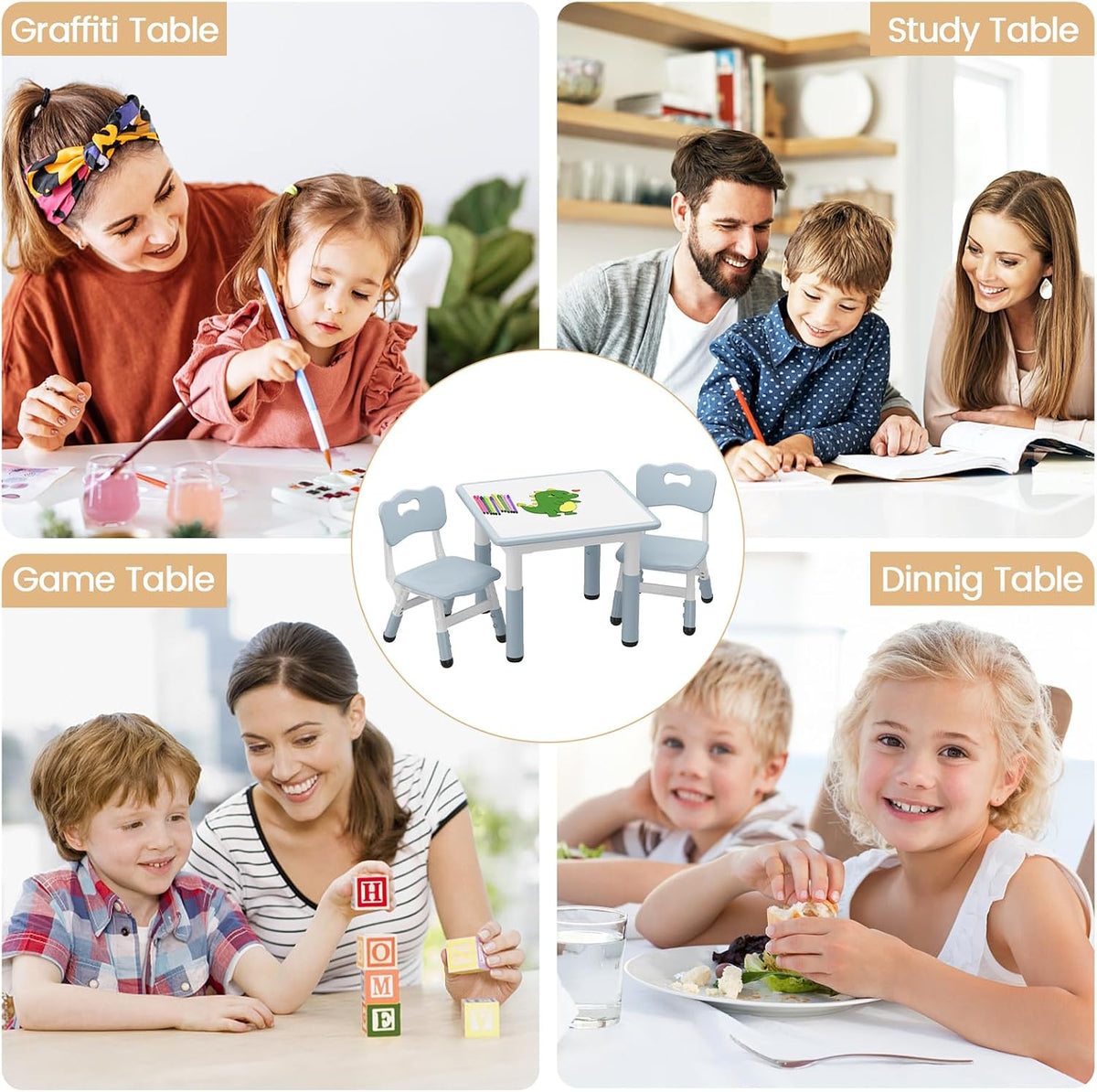 Takywep Kids Table & 2 Chairs Set, 23.6" Adjustable Desk, Anti-Slip, Grey | Rounded Edges, Multi Height Adjustment, Composite Wood Top, Anti-Slip Leg Pads