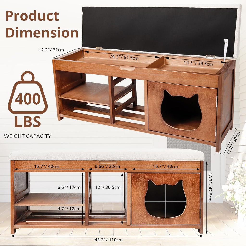 Shoe Bench with Cat Cabinet and Hidden Drawer, 2 Tier Entryway Bench with Storage 43.3 in, Solid Wood Shoe Rack with Cushion for Entryway Hallway Living Room Bedroom (400lbs+)
