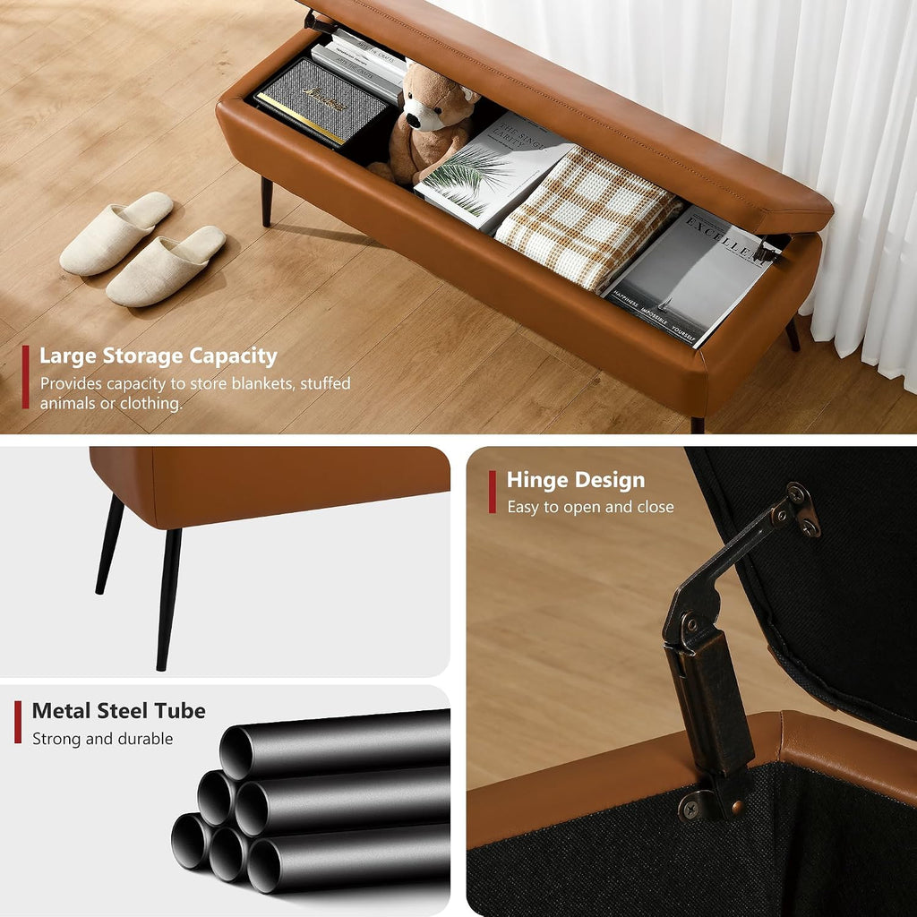 kinmars Leather Storage Ottoman Bench, End of Bed Bench with Steel Legs | Brown Leather Smooth Upholstery Design | 660 lb Capacity | Safety Hinges |Mid-Century Modern Style | Bedroom & Entryway