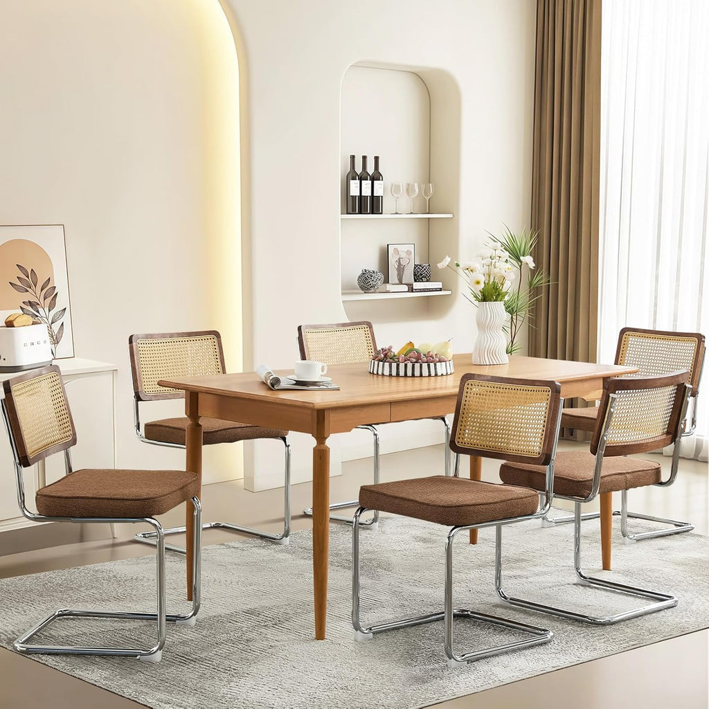 SoarFlash Linen Dining Chair Set of 2 Modern Upholstered Kitchen Chair with Walnut Rattan Cane Back, Stainless Chrome Base for Dining Room, Club(Coffee)