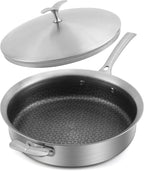 12 Inch Frying Pan with Lid Saute Pan 5.2 QT Deep skillet for Stir-Fry & Searing, Tri-ply Stainless Steel Nonstick Non Toxic Non Toxic, PTFE&PFOA Free, Induction, Oven & Dishwasher Safe
