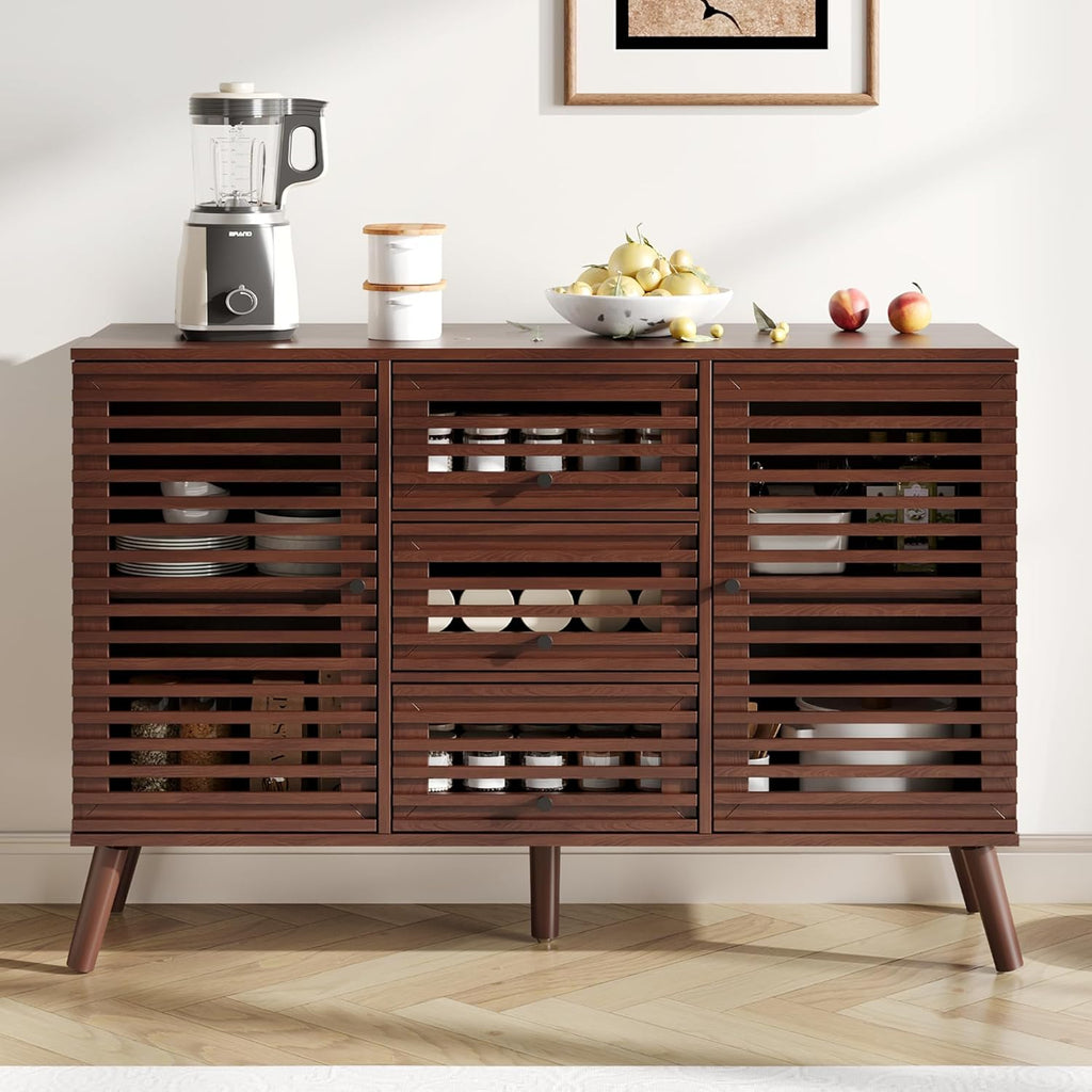 Furnify Buffet Cabinet with Slatted Doors, 47" W Sideboard Buffet with Drawers, Modern Mid Century Accent Storage Cabinet for Living Room, Entryway, Kitchen, Walnut