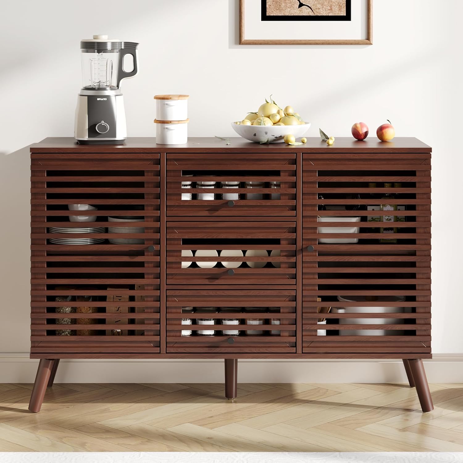 Furnify Buffet Cabinet with Slatted Doors, 47" W Sideboard Buffet with Drawers, Modern Mid Century Accent Storage Cabinet for Living Room, Entryway, Kitchen, Walnut