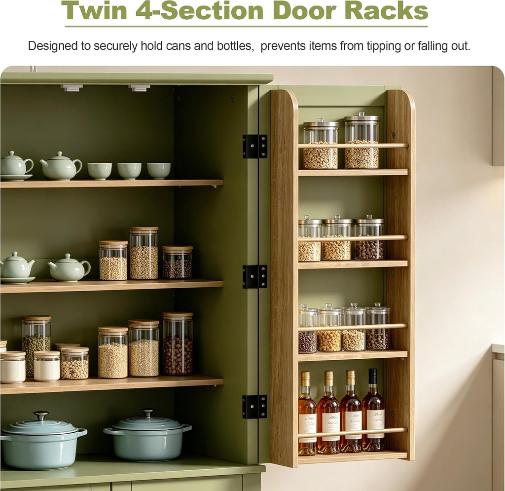 Scurrty Kitchen Pantry Cabinet, 69'' Pantry Storage Cabinet with 4 Doors and Shelves, Farmhouse Kitchen Cabinet with 3 Drawers, Freestanding Wooden Cupboard for Living Room and Dinning Room (Green)