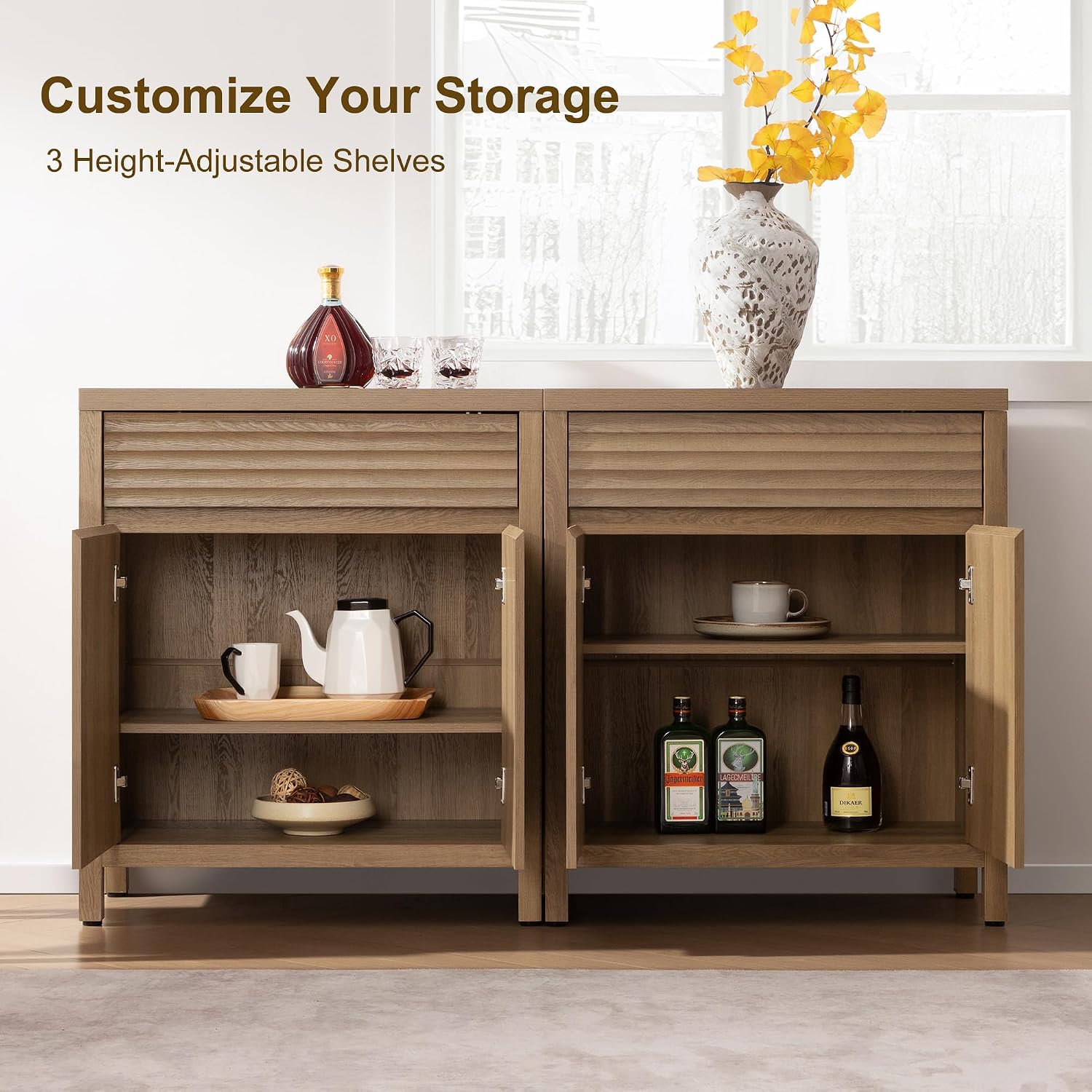 SICOTAS 87" Extra Large Buffet Cabinet with Storage, Modern Fluted Sideboard Cabinet with Drawers & Adjustable Shelves, Premium Credenza for Large Spaces, Reclaimed Caramel Oak, 3 PCS
