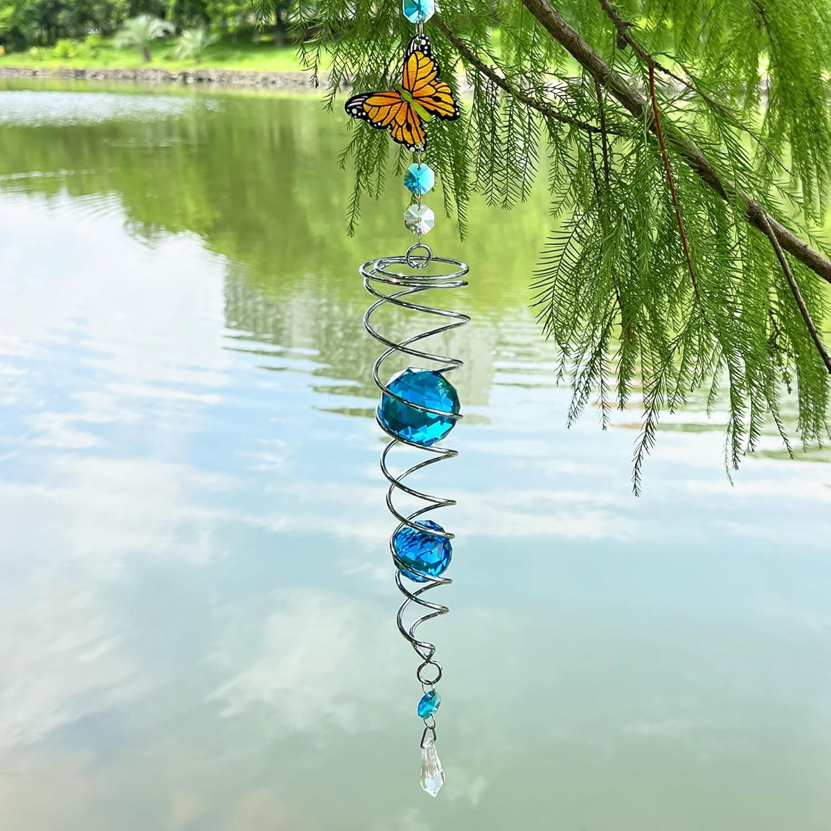 FONMY Butterfly Sun Catcher Gazing Ball Wind Spinner Rainbow Maker Silver Spiral W/ K9 Blue Crystal Ball Christmas Gfit Tree Hanging Ornament Indoor Outdoor Garden Decor. 19.5inch H