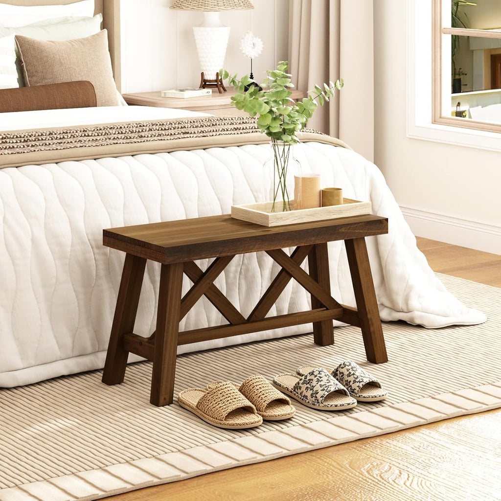 Wnutrees 30" Farmhouse Wood Bench, Rustic Solid Wood Entryway Bench Seat with Double X-Structure for Dining Area Living Room Hallway, Structural Stability, Natural