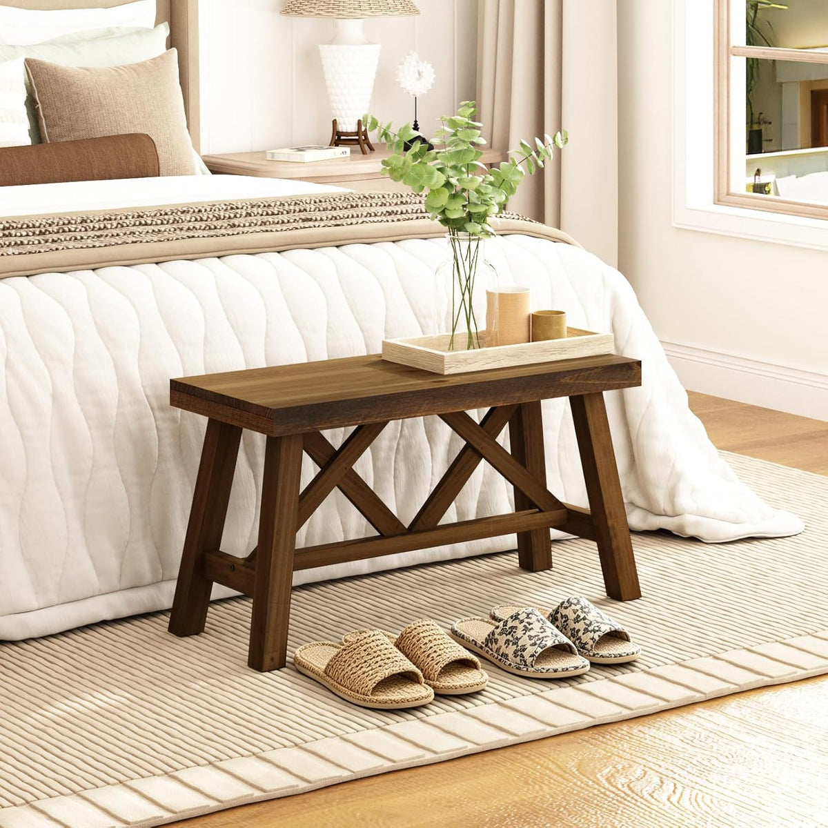 Wnutrees 30" Farmhouse Wood Bench, Rustic Solid Wood Entryway Bench Seat with Double X-Structure for Dining Area Living Room Hallway, Structural Stability, Natural