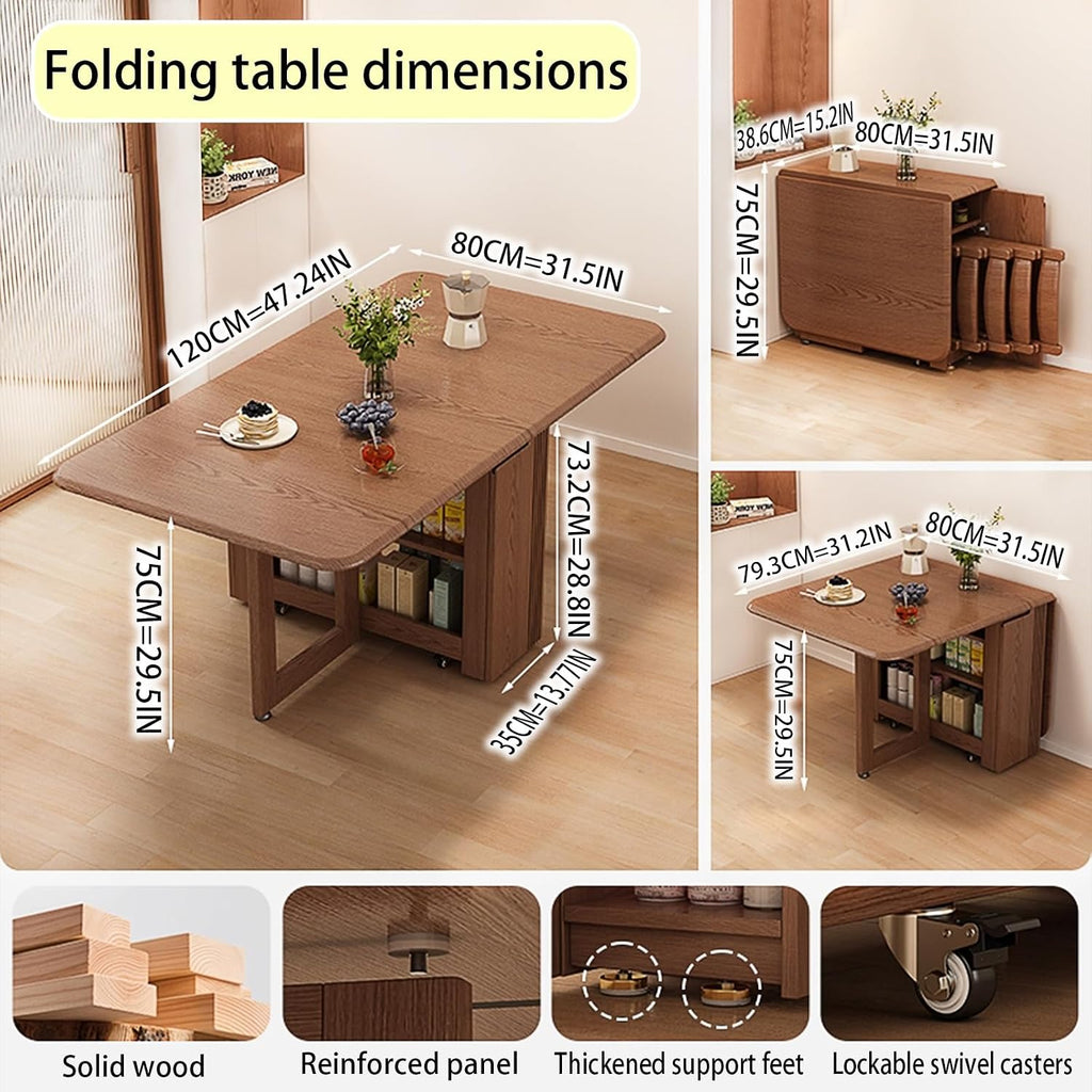 Folding Dining Table with Storage,Foldable into a Small Dining Table with Drawer and Storage,Applicable to All Room types-Walnut-120CM | 47.2"x31.5"x29.5"