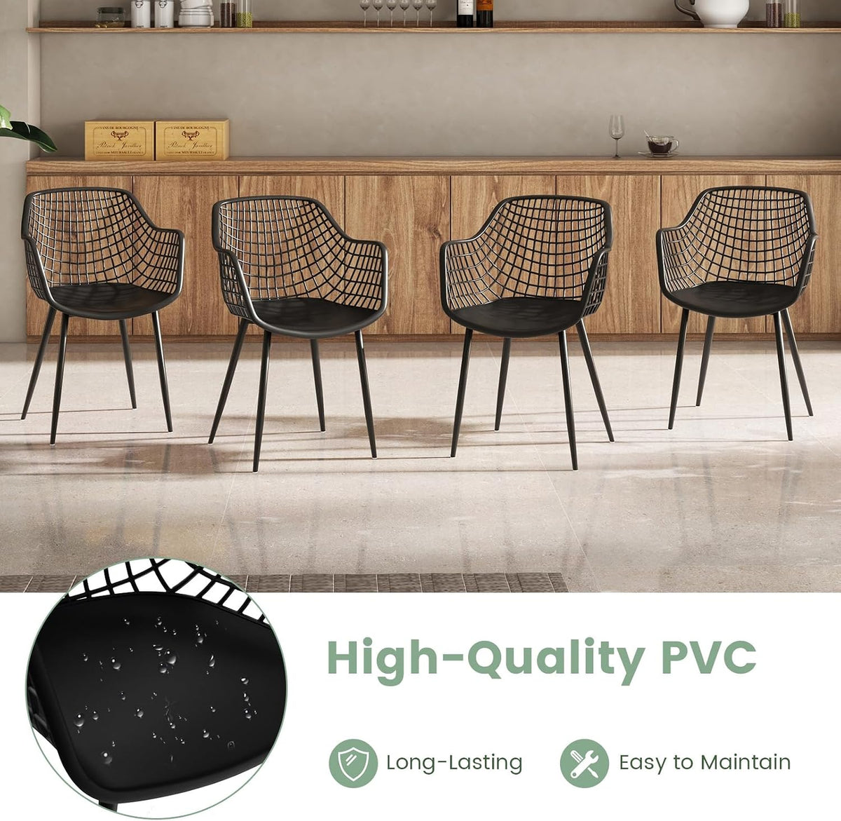 GOFLAME Dining Chairs Set of 4, Plastic Kitchen Chairs with Metal Legs, Hollowed Backrest and Curved Seat, Modern Accent Chairs, Armless Side Chairs for Living Room, Dining Room, Bedroom, Black