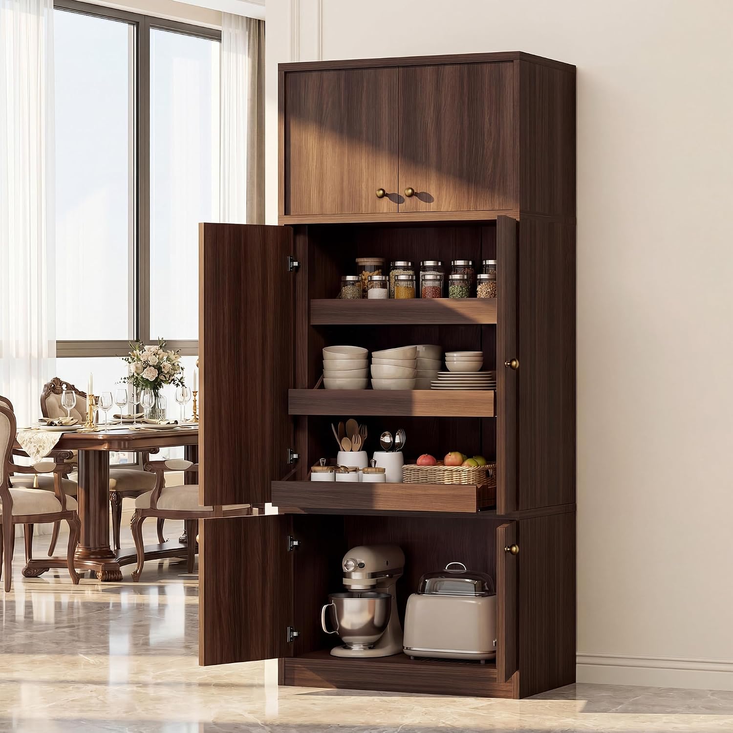 Tall Kitchen Pantry Cabinet 71 Inch, Freestanding Storage Cabinet with Doors and Adjustable Shelves, E1-Grade Wood, Walnut Finish for Kitchen Pantry Storage