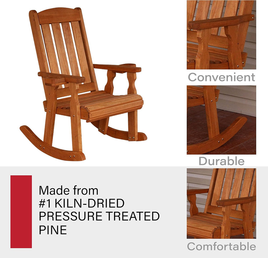 Amish Casual Heavy Duty 600 Lb Mission Pressure Treated Rocking Chair with Cupholders (Cedar Stain)
