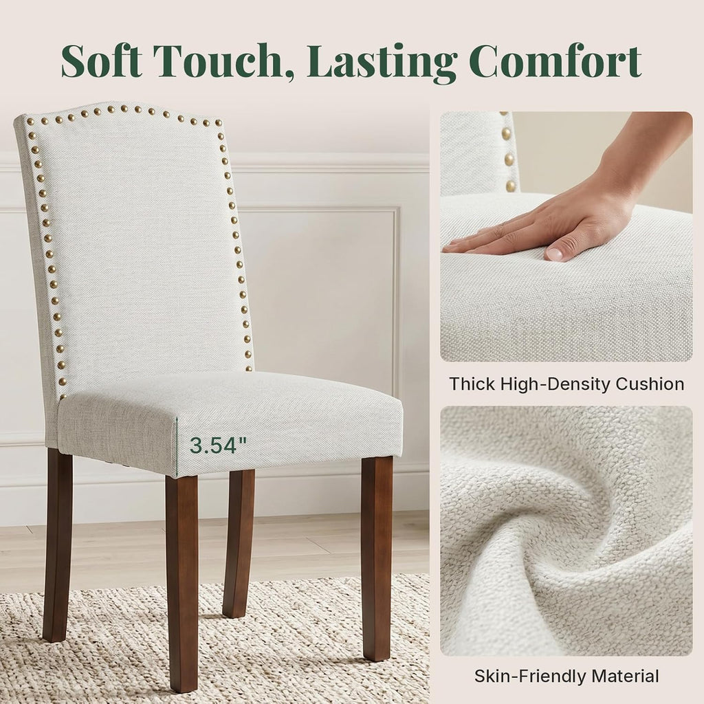 Upholstered Dining Chair Set of 6, Farmhouse Fabric Kitchen Chair | Modern, Padded Seat, Solid Wood Legs, High Back, Nailhead Trim, Living Room, Restaurant, Hotel, Beige