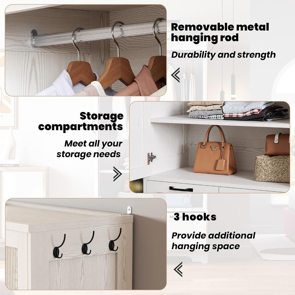 ANCTOR 71" Wooden Armoire Wardrobe Closet with 2 Drawers & Hanging Rod | Freestanding Clothing Storage Cabinet with 2 Doors and Shelves, White