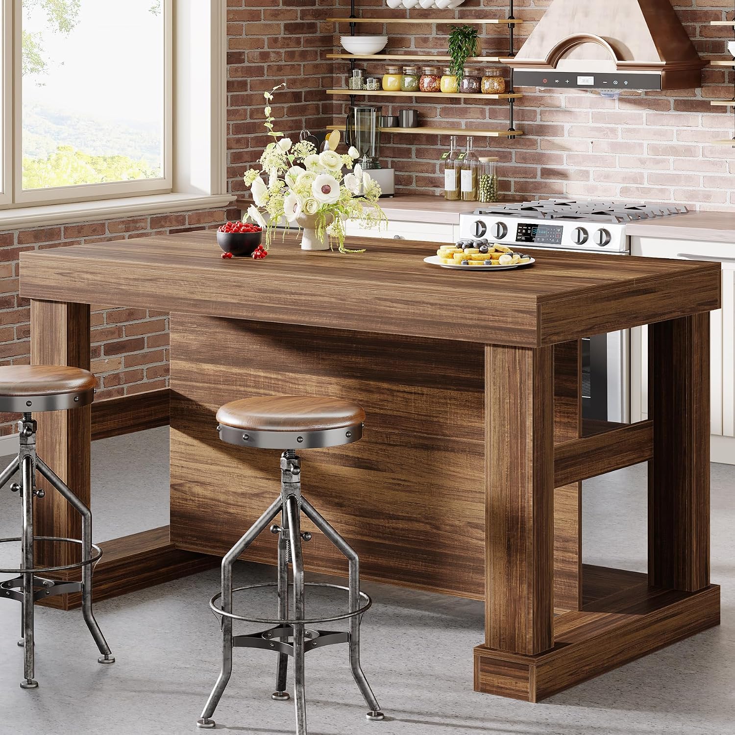 Tribesigns 55-Inch Dining Table for 6, Rectangular Counter Height Dining Table with Storage Shelves, High Top Kitchen Table with Large Tabletop and Stable Wooden Structure, Farmhouse Style, Dark Brown