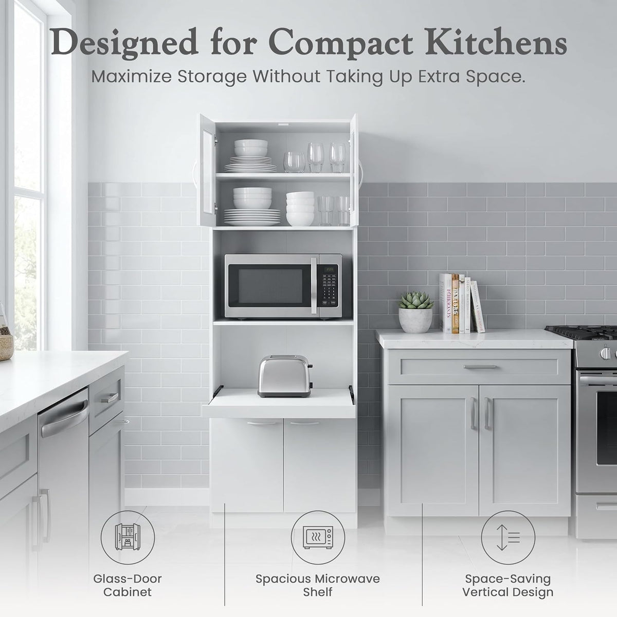 Kings Brand Furniture - Danbury Tall Kitchen Pantry, Microwave Storage Cabinet, White
