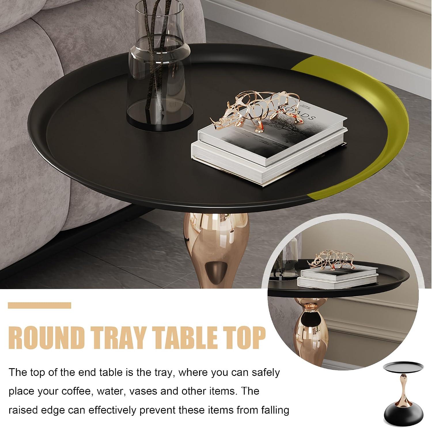 Round Side Table, Small Black End Table with Metal Pedestal, Modern Martini Table for Small Space Living Room, Bedroom, Easy Assembly 15" x 21.6" Drink Table