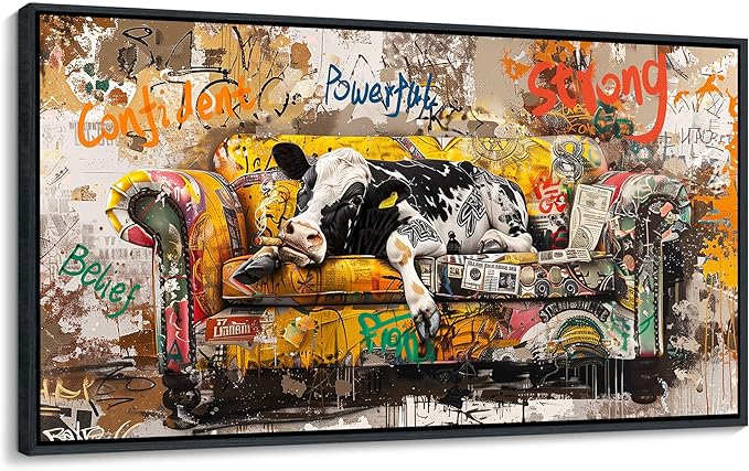 JEAWA Framed Canvas Wall Art - Large Creative Wall Art for Bedroom Living Room Bathroom, Modern Artwork Decor for Home Decoration, Funny Cow Color Graffiti, 29x58 IN