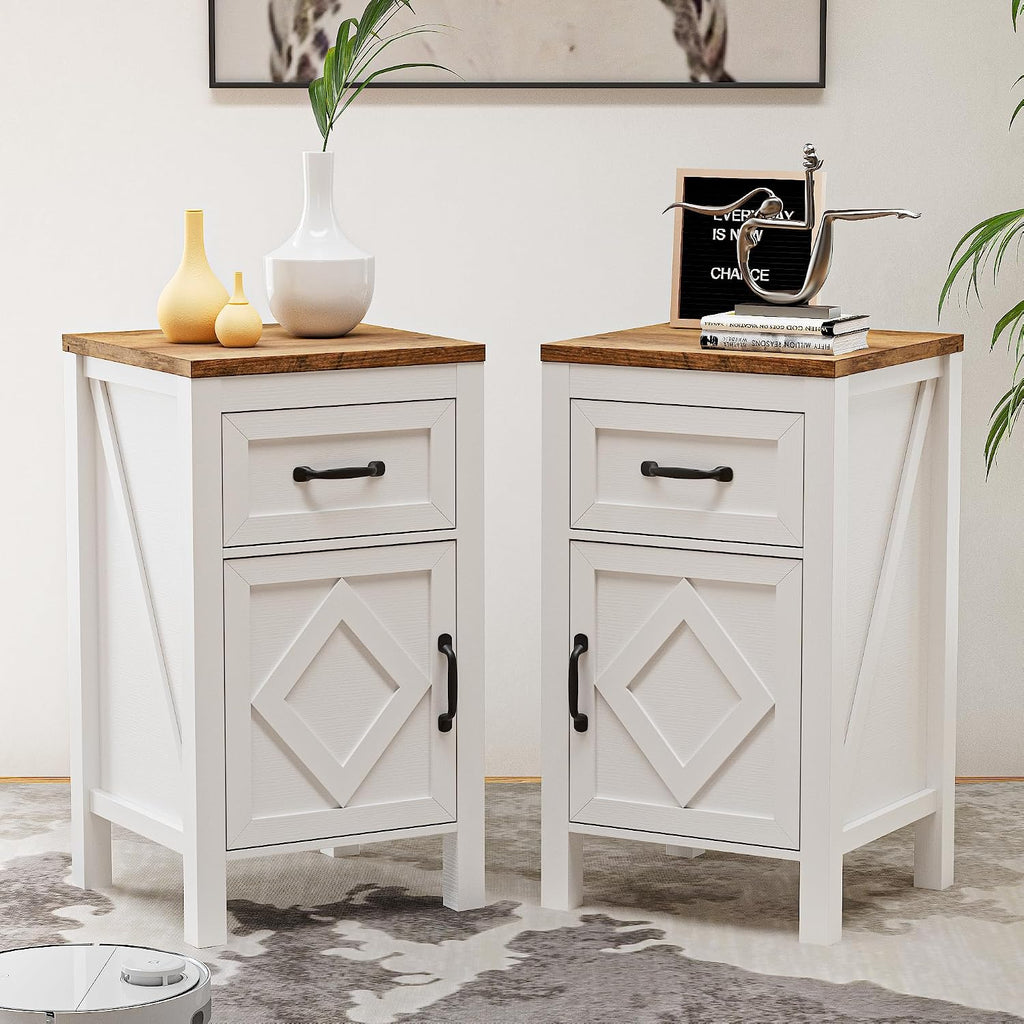 BVIUNTWO Set of 2 End Table, Modern Farmhouse Sofa Table Rustic Nightstand with Storage Cabinets and Drawers, Side Tables for Living Room, Bedroom, White