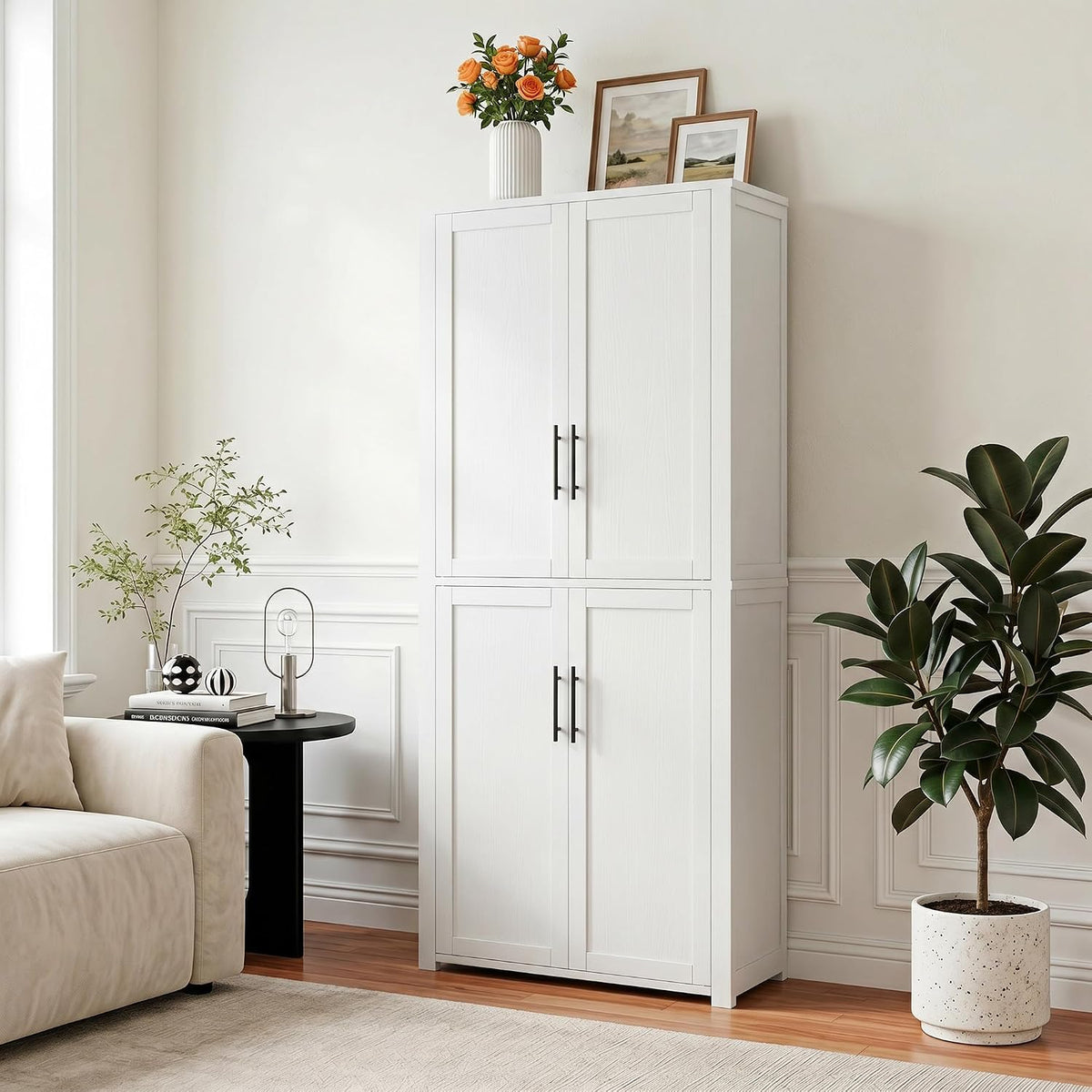 67" Kitchen Pantry Cabinet, 28"W Storage Cabinet for Kitchen, Living Room | 67" x 28" x 15" size, 4 adjustable shelves, engineered wood, anti-tip compatible, Shaker doors, White