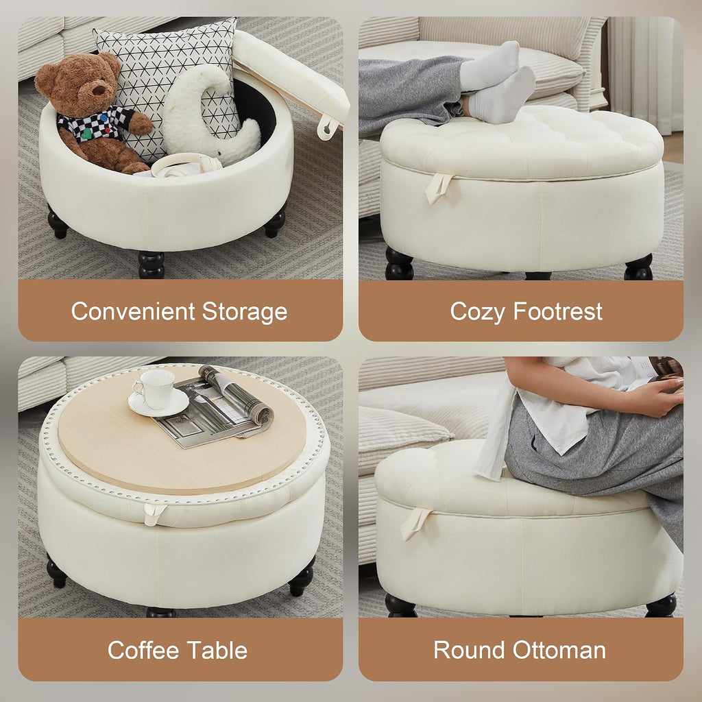 24 Inch Fabric Round Ottoman with Storage, Modern Upholstered Button Tufted Ottoman Coffee Table with Tray Lid, Circle Footstool with Storage for Living Room, Bedroom, White