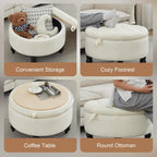 24 Inch Fabric Round Ottoman with Storage, Modern Upholstered Button Tufted Ottoman Coffee Table with Tray Lid, Circle Footstool with Storage for Living Room, Bedroom, White