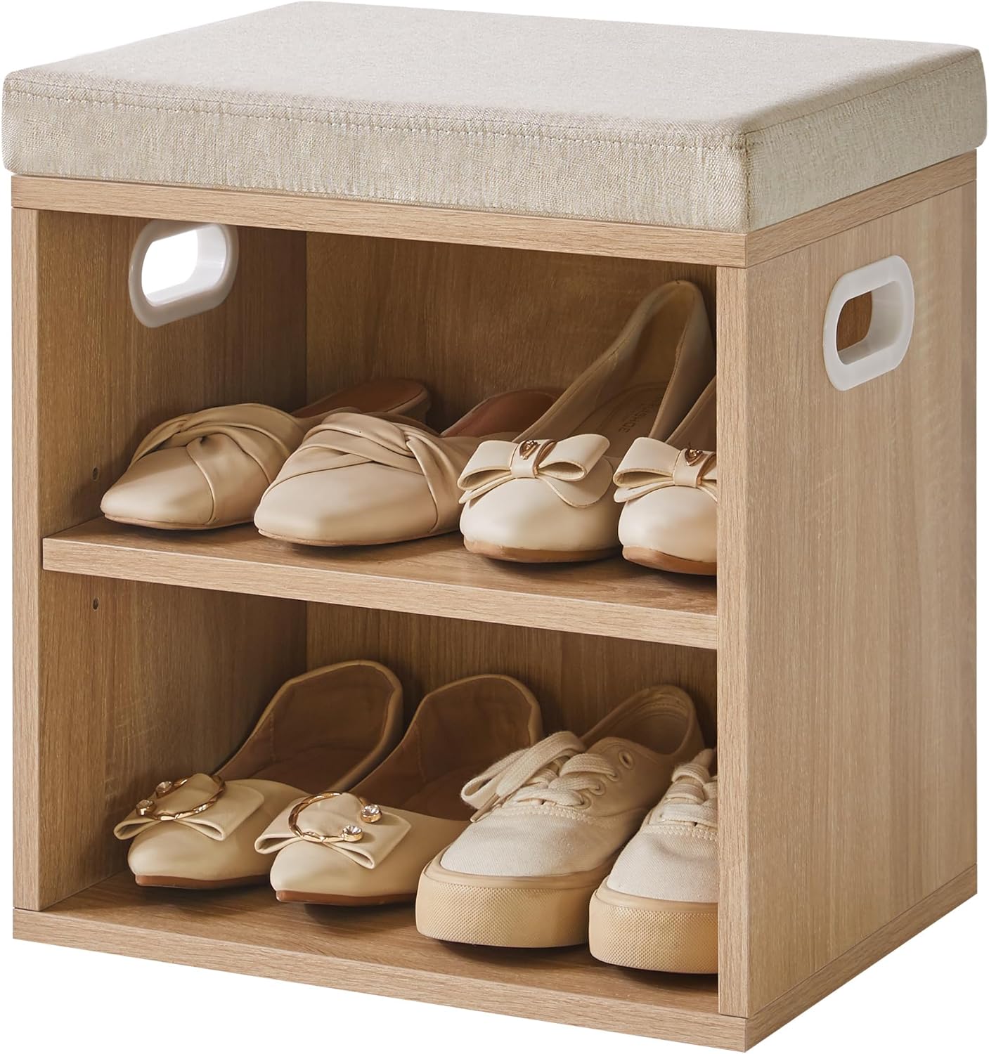 YMYNY Small Shoe Storage Bench with Cushion, 2 Tier Entryway Bench with Storage, Shoe Rack Bench for Entryway, Living Room, Hallway, Closet, Bedroom, 15.4L*11W*16.54H, Light Natural UHBD028R