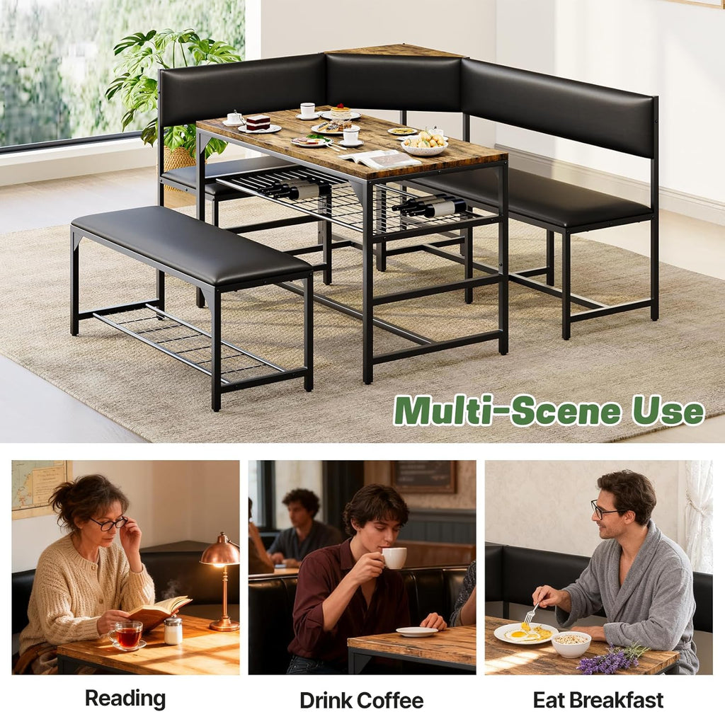 Concho Kitchen Breakfast Nook Table Set with Soft Seat, Corner Dining Table Set for 4-6 People, Dining Room Sets for 4, Space Saving Kitchen Booth Seating with Table for Small Space, Coffee Brown