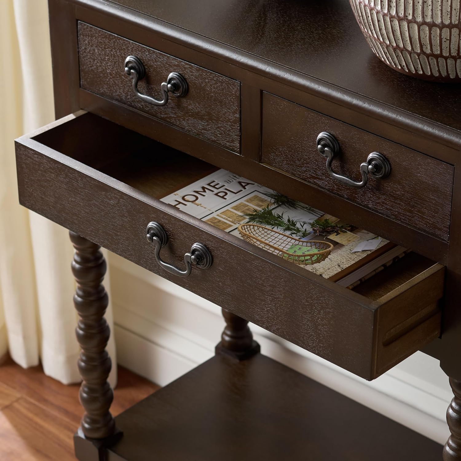 SAFAVIEH Furniture - Athena 3-Drawer Console Table - Dark Chocolate - Solid Wood - Farmhouse Classic Design - Ideal for Entryway, Living Room, Hallway, 23.5" W x 13" D x 29.5" H (CNS5703D)