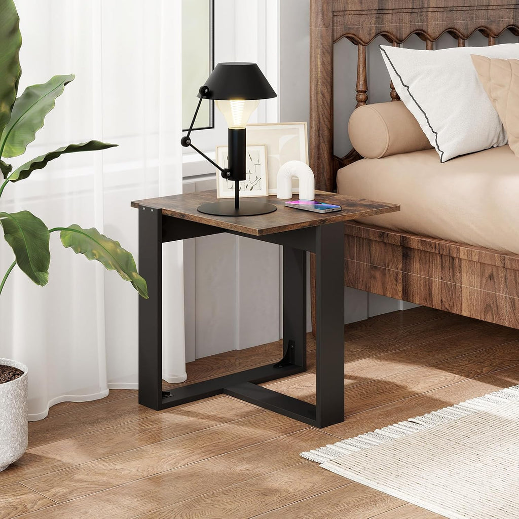 Giantex Industrial End Table Set of 2, Square Bedside Night Stand w/T-Shape Metal Frame, Accent Nightstand for Bedroom, Wood Sofa Side Tables for Living Room Office Small Space, Rustic Brown