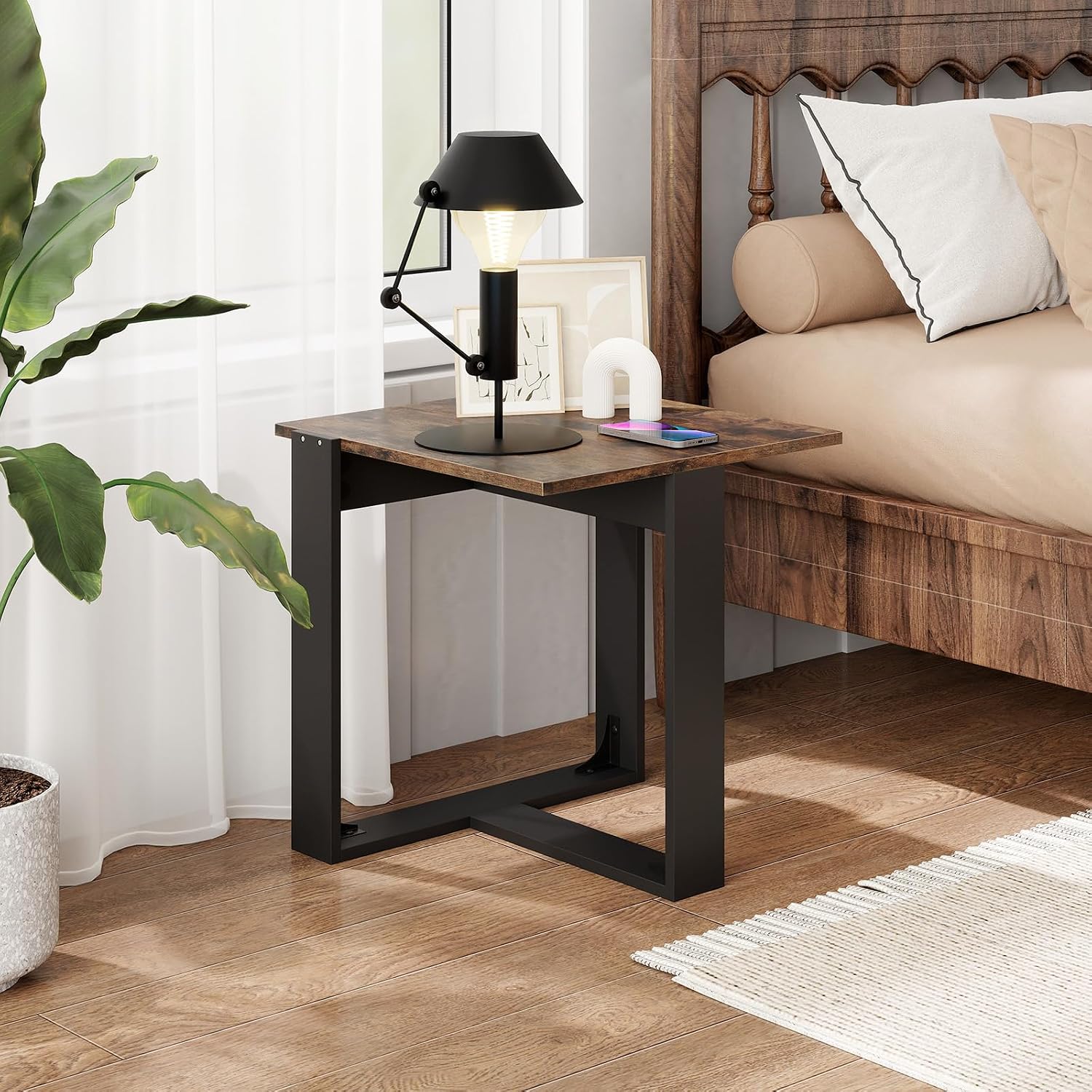 Giantex Industrial End Table Set of 2, Square Bedside Night Stand w/T-Shape Metal Frame, Accent Nightstand for Bedroom, Wood Sofa Side Tables for Living Room Office Small Space, Rustic Brown