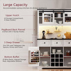 71" White Pantry Cabinet with Coffee Bar Farmhouse Kitchen Hutch Cabinet with Sliding Doors Wine Bar Cabinets with Power Outlet and LED Lights 9-Bottle Rack and 4 Glass Holders White Oak