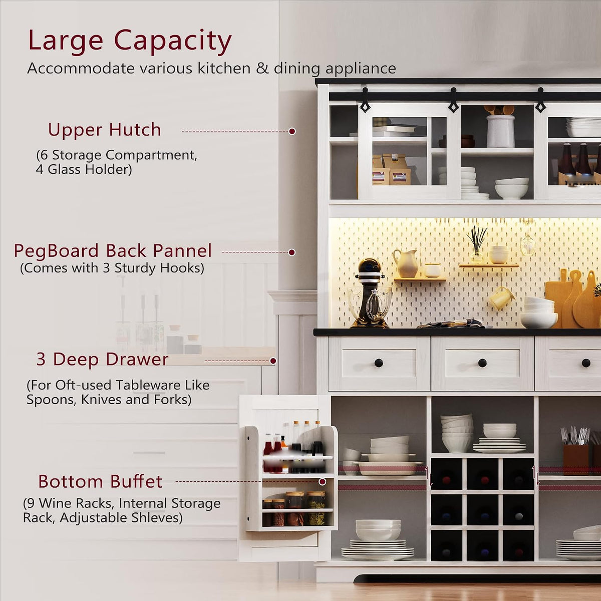 71" White Pantry Cabinet with Coffee Bar Farmhouse Kitchen Hutch Cabinet with Sliding Doors Wine Bar Cabinets with Power Outlet and LED Lights 9-Bottle Rack and 4 Glass Holders White Oak