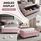 63" Wide Storage Bench, Velvet Upholstered End of Bed Bench with Pull Ring Design, Storage Shoe Cabinet Bench with Rolled Arm, Modern Window Bench for Bedroom (Pink)