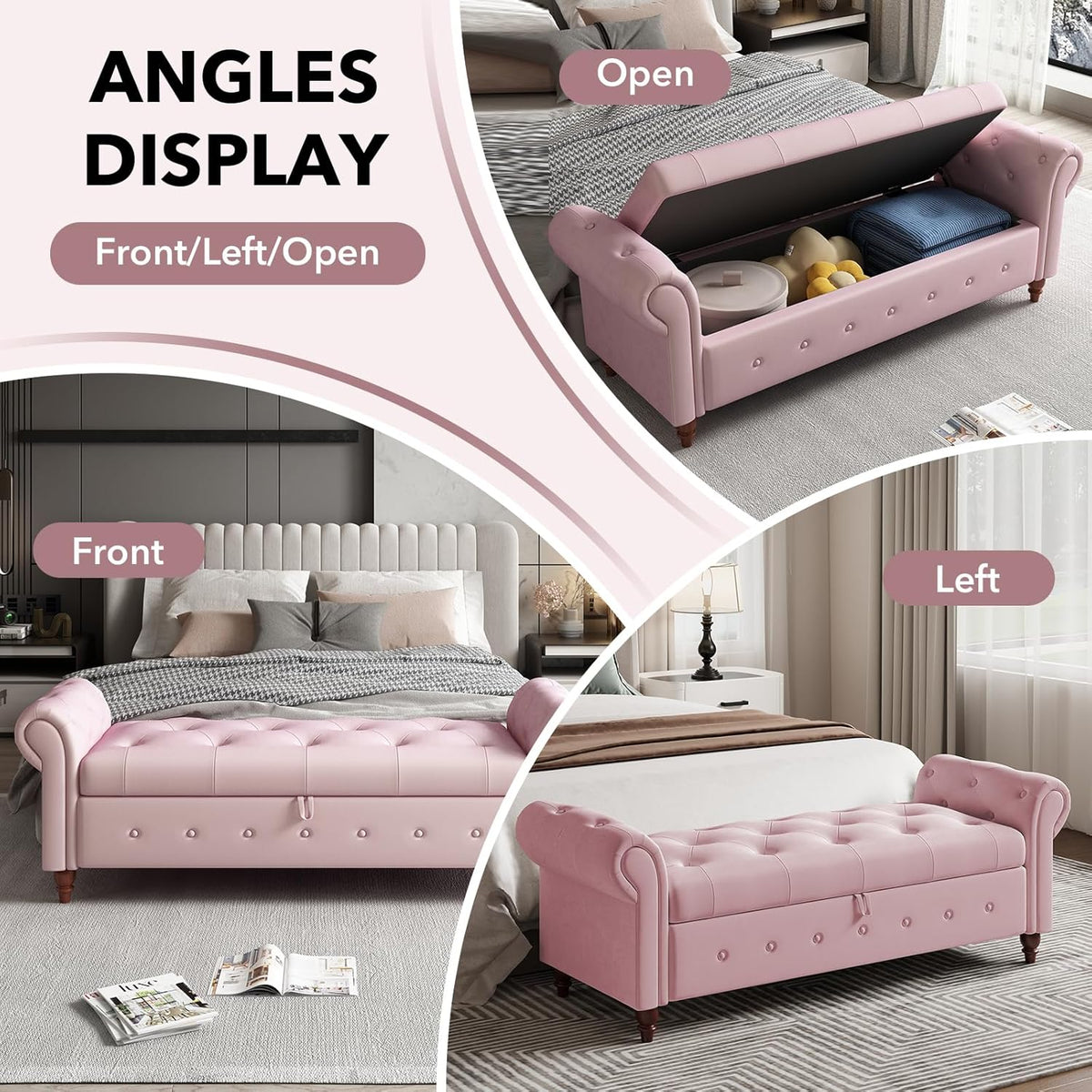 63" Wide Storage Bench, Velvet Upholstered End of Bed Bench with Pull Ring Design, Storage Shoe Cabinet Bench with Rolled Arm, Modern Window Bench for Bedroom (Pink)