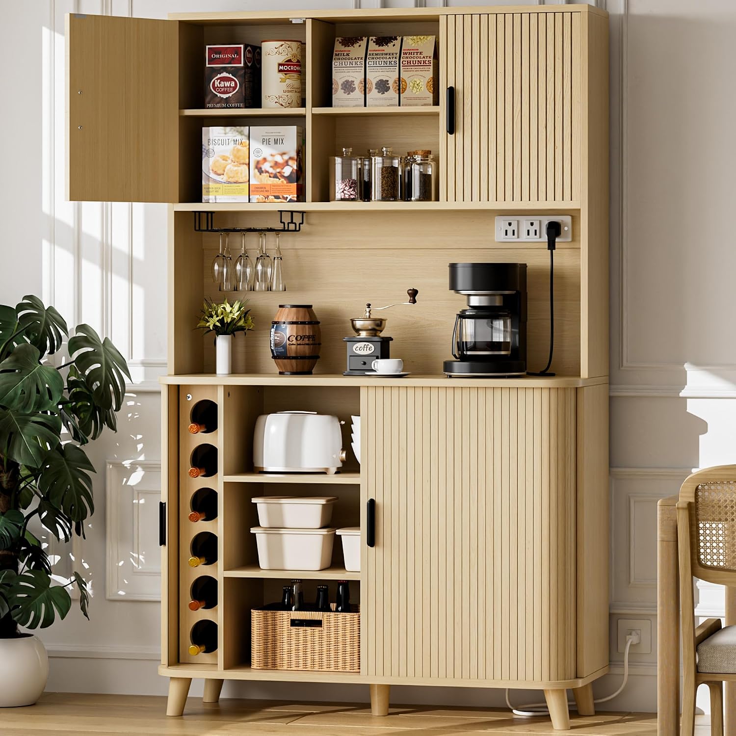Lulive 71" Tall Pantry Cabinet with Rolling & Sliding Doors, 39" Wide Kitchen Storage Cabinet with Charging Station and Open Countertop, Modern Kitchen Pantry Cabinet for Dining Room, Natrual