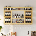 55 Inch Wine Rack Wall Mounted, 3-Tier Wall Bar Shelf with Glass Holder, Industrial Metal Wine Storage Display Rack for Home Bars or Kitchen Display, Gold