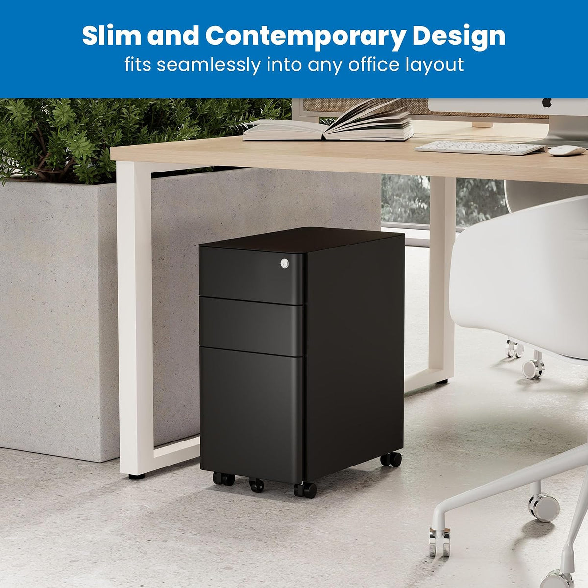 Mount-It! Slim 3 Drawer Rolling File Cabinet with Lock, Mobile Metal Filing Cabinet on Wheels for Under Desk Home & Office Storage, Letter Legal A4, Black