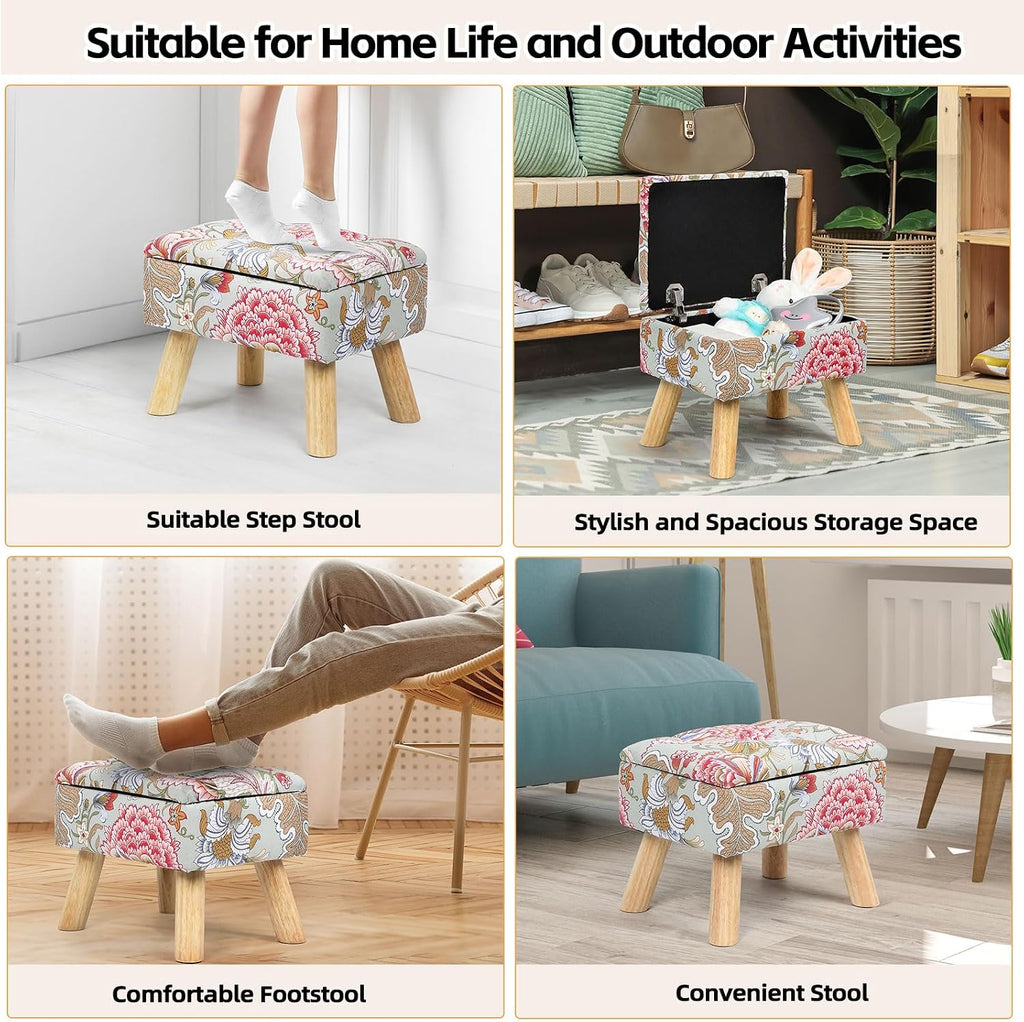 Small Storage Ottoman with Wood Legs, Boho Floral Upholstered Footrest | Hidden Storage Ottoman: Removable Lid Stores Blankets, Toys And Remotes; Doubles As A Footrest Stool
