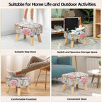 Small Storage Ottoman with Wood Legs, Boho Floral Upholstered Footrest | Hidden Storage Ottoman: Removable Lid Stores Blankets, Toys And Remotes; Doubles As A Footrest Stool