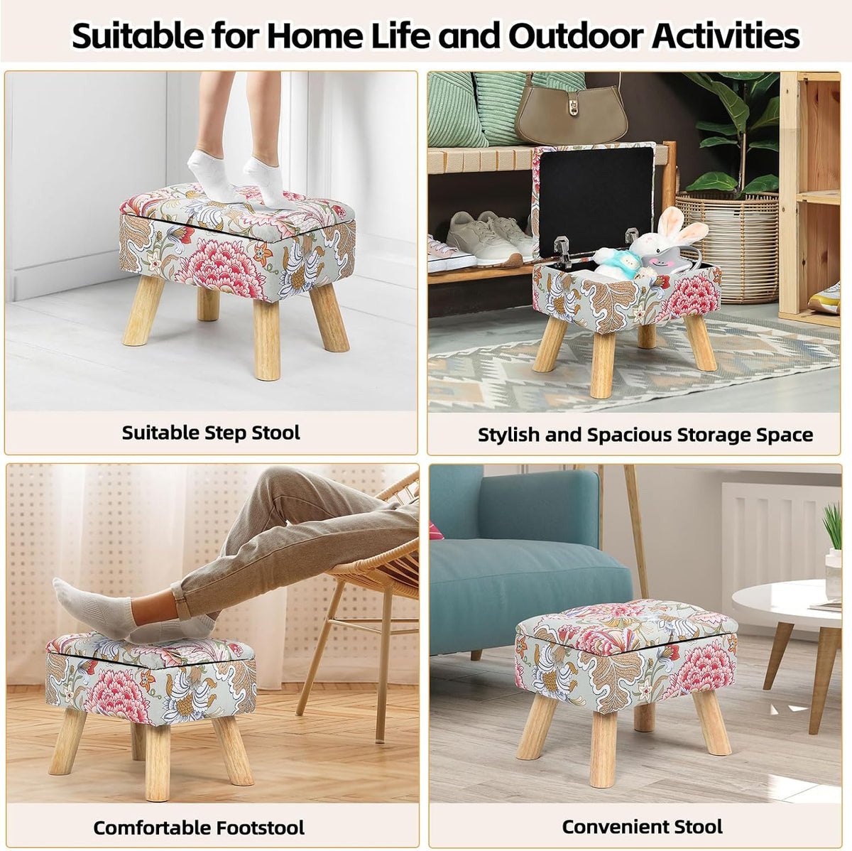 Small Storage Ottoman with Wood Legs, Boho Floral Upholstered Footrest | Hidden Storage Ottoman: Removable Lid Stores Blankets, Toys And Remotes; Doubles As A Footrest Stool