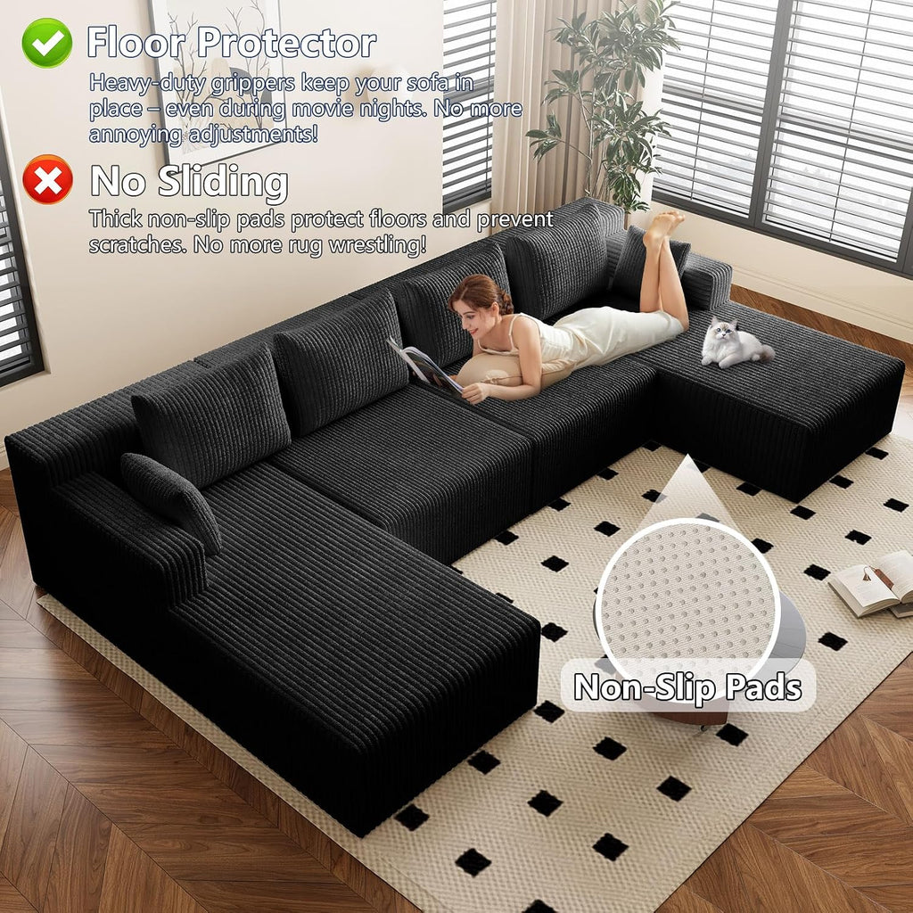 142"U Shape Sectional Couch,Oversized Couches for Living Room | Modern Corduroy Sofa with 2 Chaise, 4 Seater Deep Seat Memory Foam Compressed Sofa, No Assembly, Non-slip Base, Black