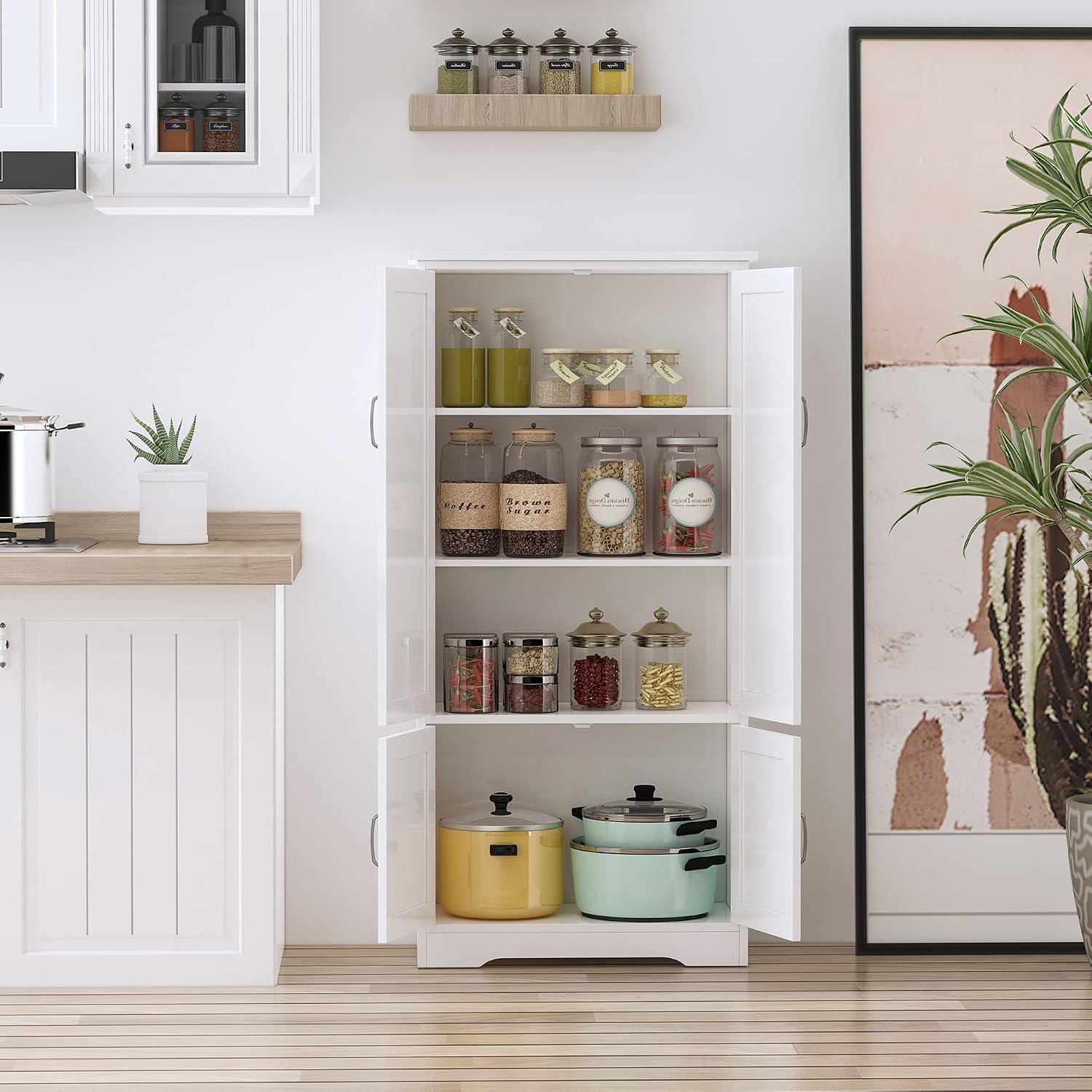 HOMCOM 48.5" Kitchen Pantry Cabinet with 2 Adjustable Shelves and 4 Beadboard Doors, Compact Farmhouse Kitchen Storage Cabinet for Dining Room, White