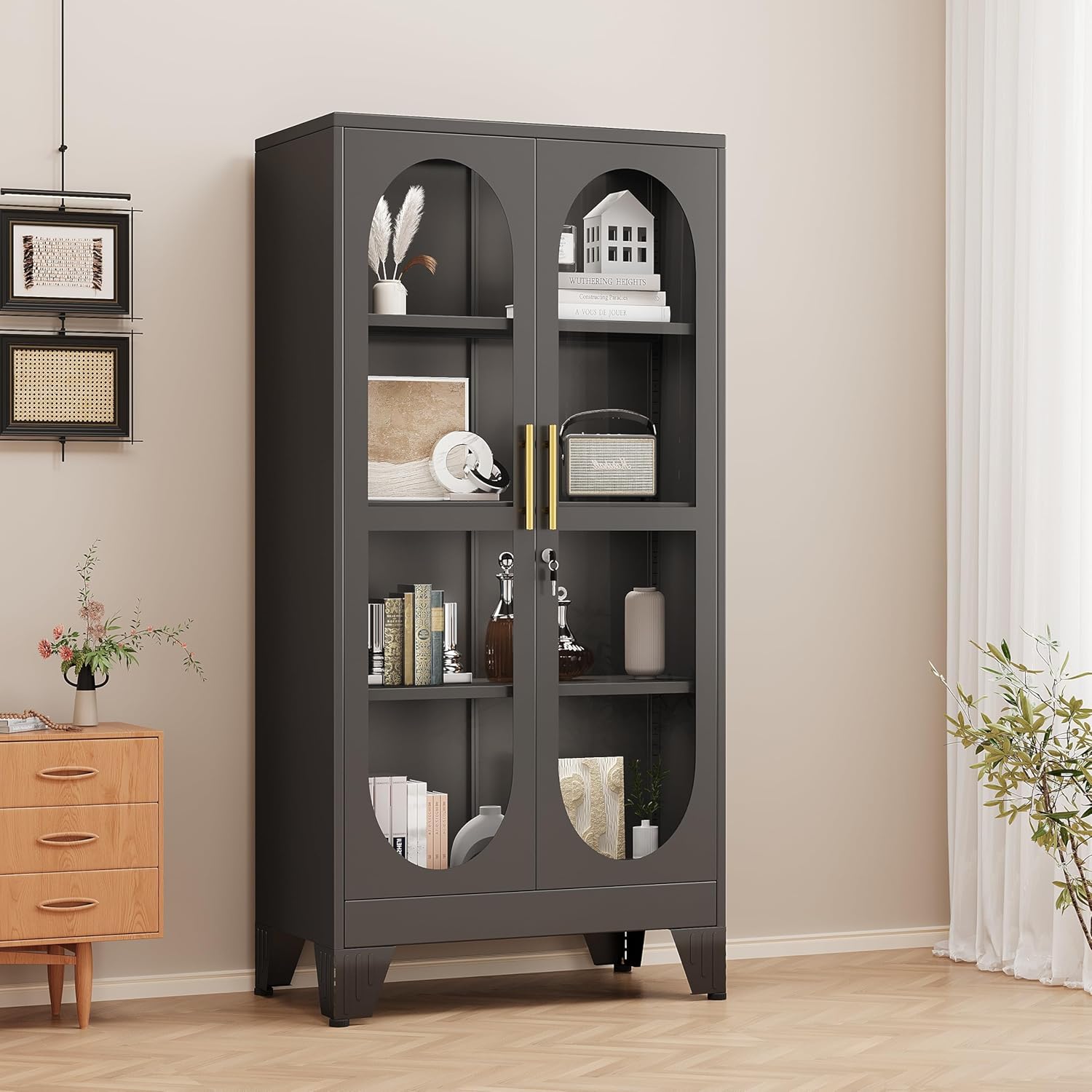 GAIOUS 61" Tall Metal Curio Cabinet, Display Cabinet with Glass Door, 4 Tier Liquor Cabinet with 3 Adjustable Shelves, Locking Glass Display Case for Collectibles, Showcase Storage Cabinets, Black