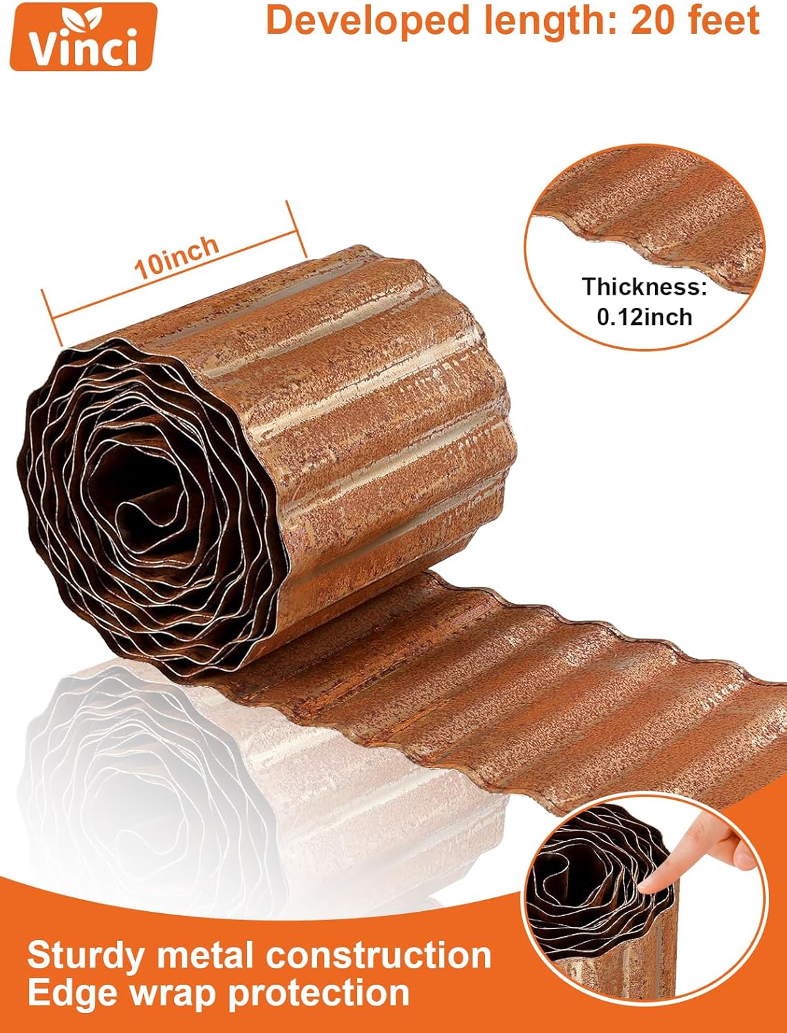 Vinci Garden Landscape Edging Border, 10 Inch x 20 FT Corrugated Sturdy Metal Easy Installation Safe Hemmed Lawn Garden Border Edges for DIY Flower Beds,Pathways and Patio Design (Rusted)