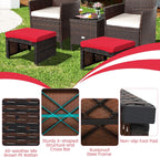 RELAX4LIFE 2-Piece Wicker Outdoor Ottoman, Rattan Footrest Set of 2 with Removable Cushions, 3-in-1 Foot Stool, Side Table & Additional Seating, Outdoor Footstools for Patio Backyard (Red)